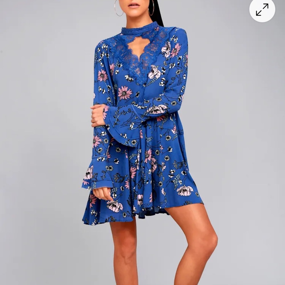 Lulus New You Royal Blue Floral Print Lace Long Sleeve Swing Dress